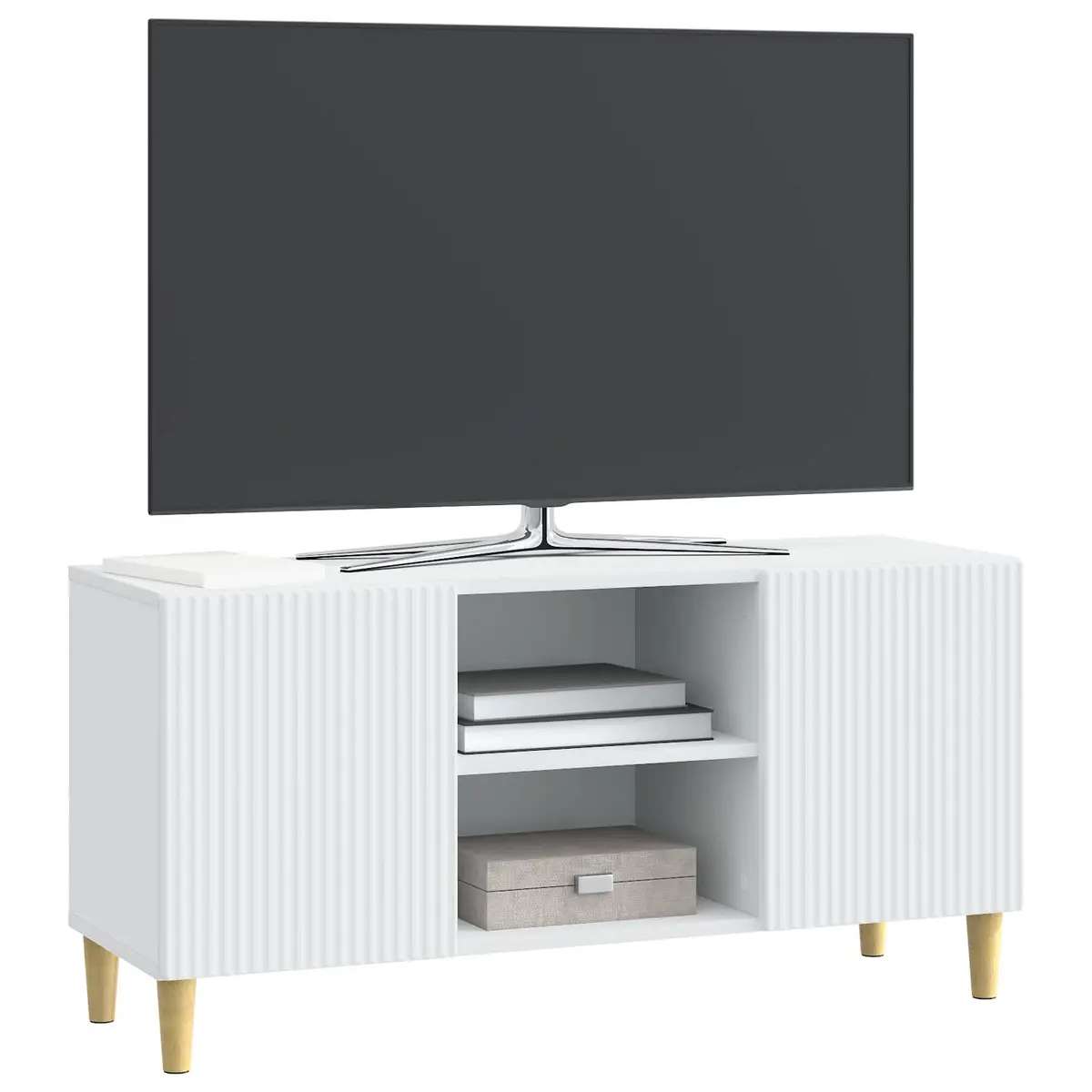 TV Cabinet White Compact 102x34.5x50cm Modern Media Storage Unit with Swing Doors