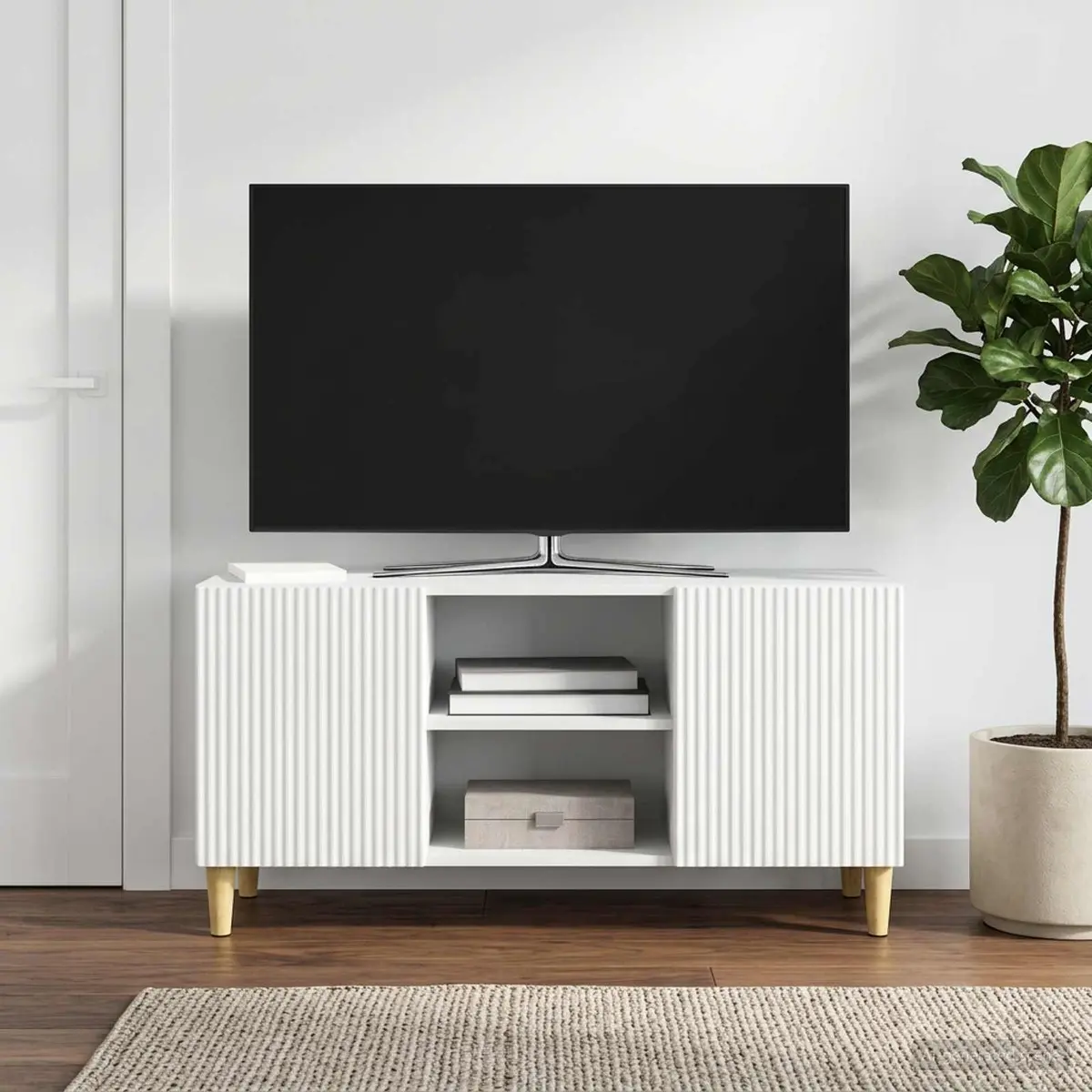 TV Cabinet White Compact 102x34.5x50cm Modern Media Storage Unit with Swing Doors