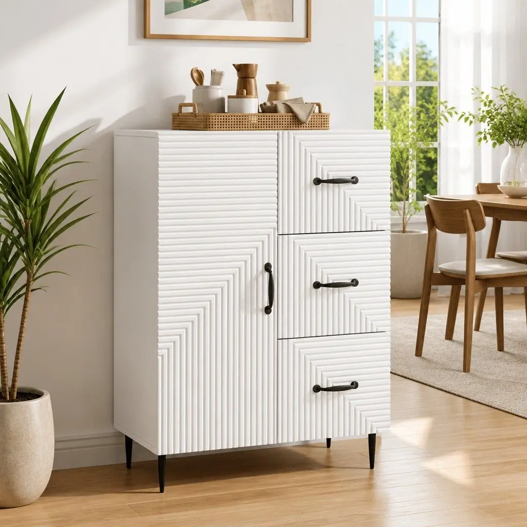 Sideboard White Engineered Wood Modern Storage Cabinet with Doors