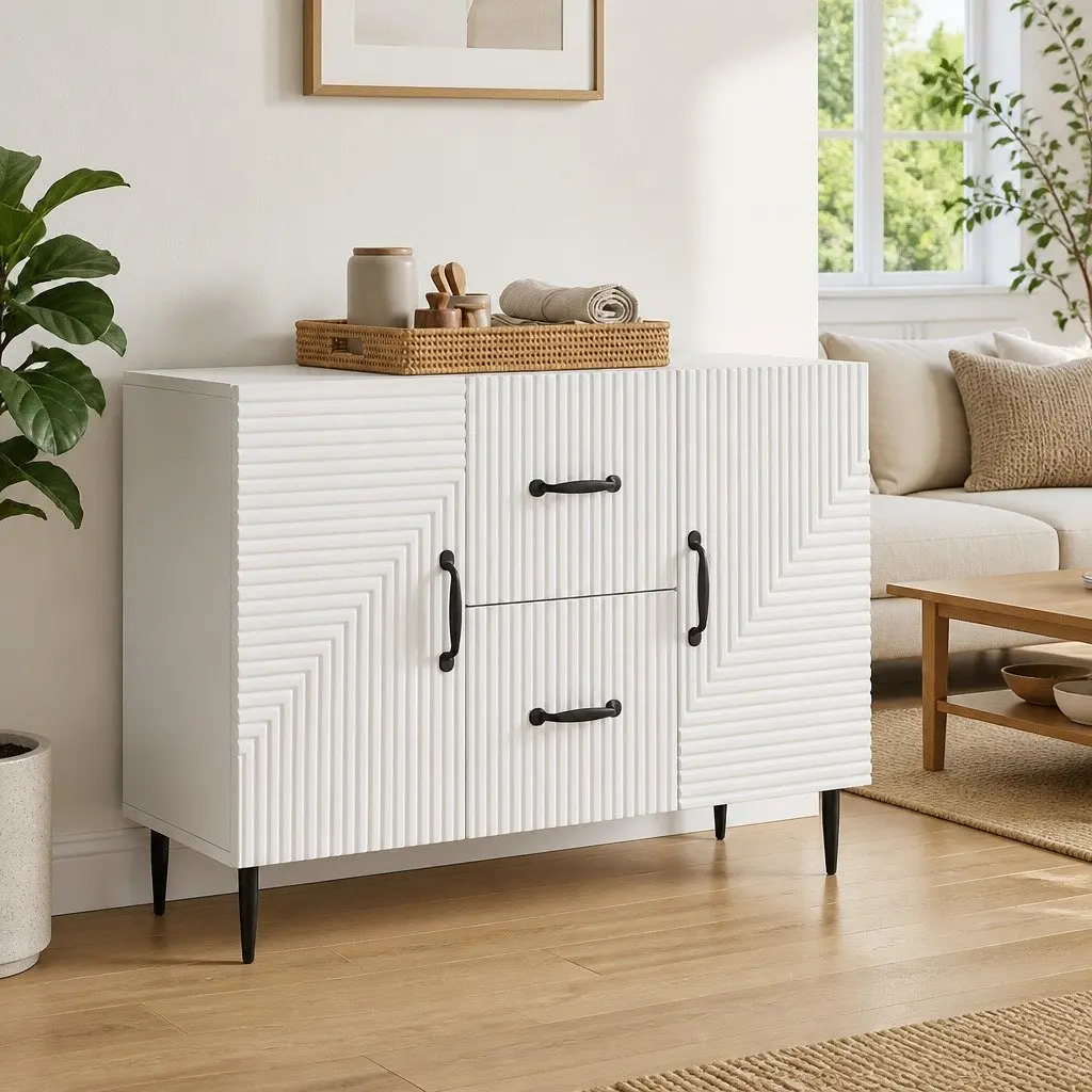 White Sideboard Storage Cabinet Engineered Wood Vintage Style for Dining and Living Room