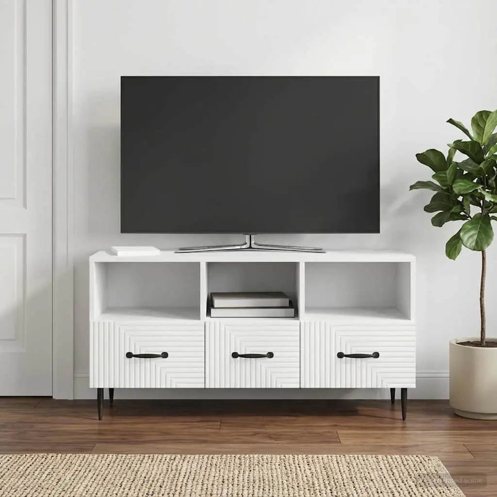 TV Cabinet White 102cm Engineered Wood Storage Unit with Drawer