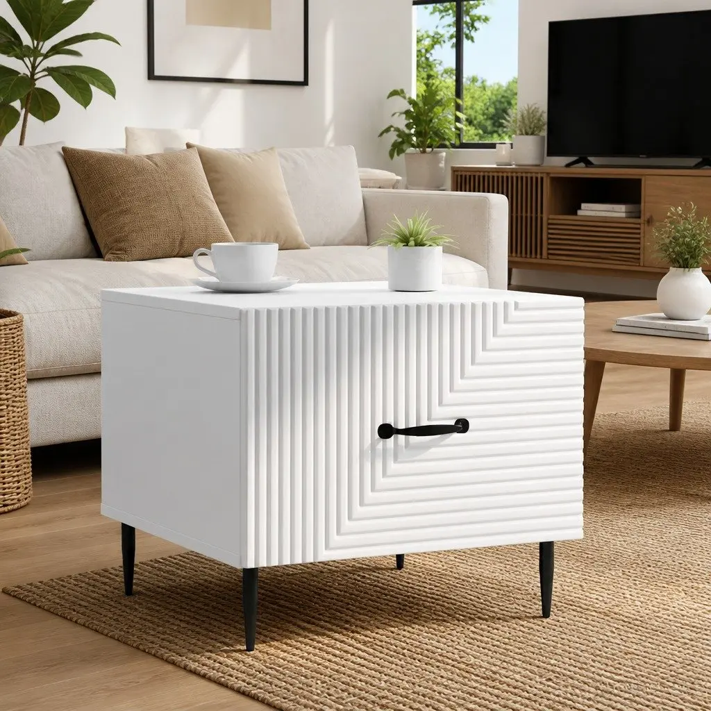 Coffee Table White Engineered Wood Modern Accent with Drawer