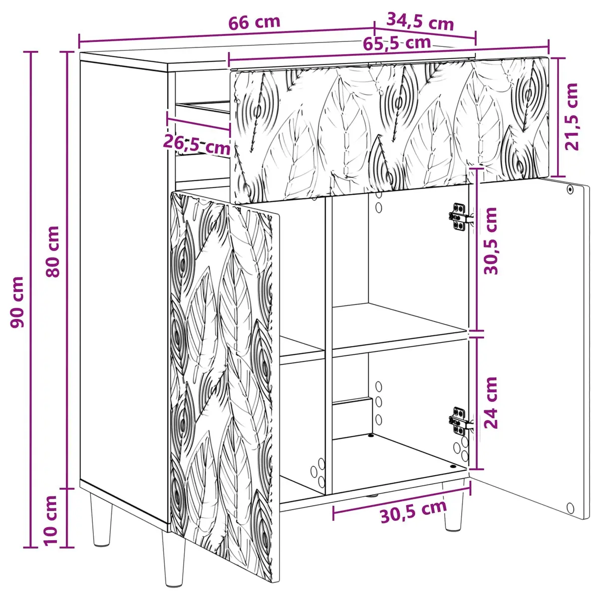 Sideboard White 66cm Engineered Wood Swing Doors Shelves