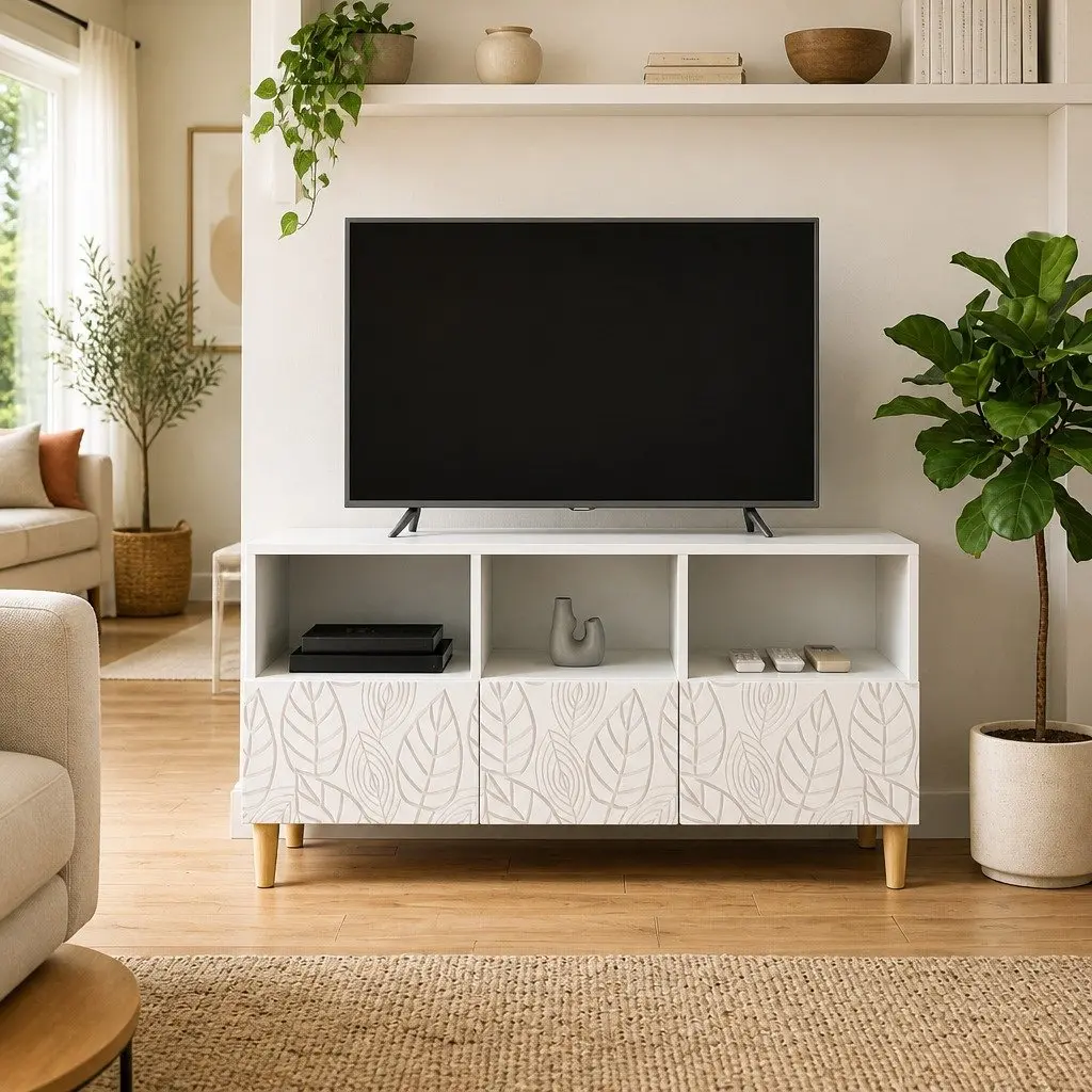 TV Cabinet White 102cm Modern Entertainment Unit with Open Layout and Eucalyptus Legs