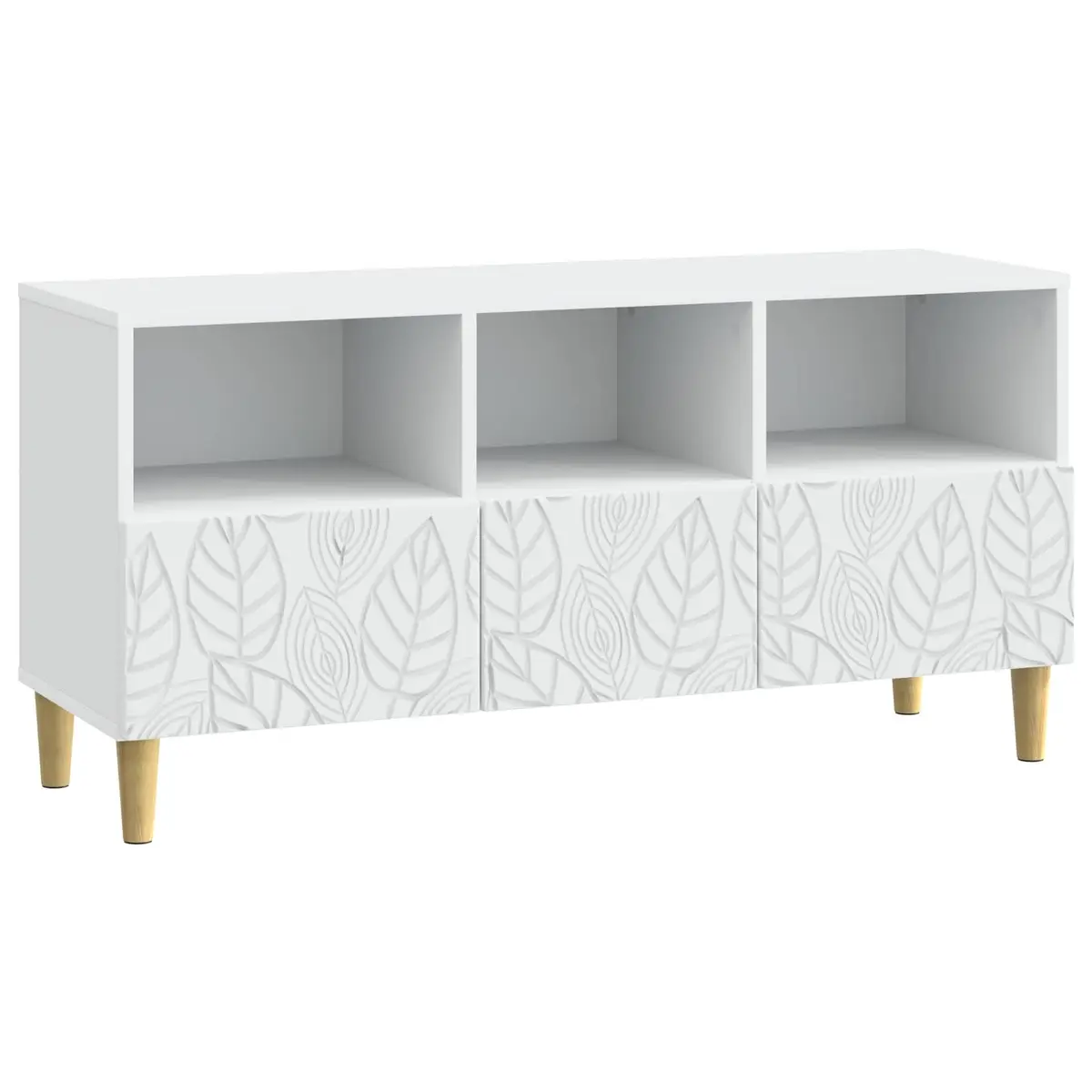 TV Cabinet White 102cm Modern Entertainment Unit with Open Layout and Eucalyptus Legs
