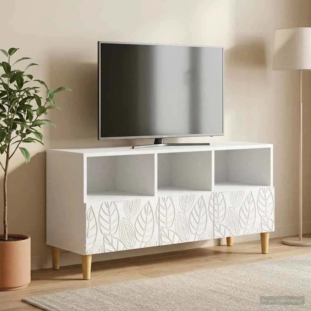 TV Cabinet White 102cm Modern Entertainment Unit with Open Layout and Eucalyptus Legs