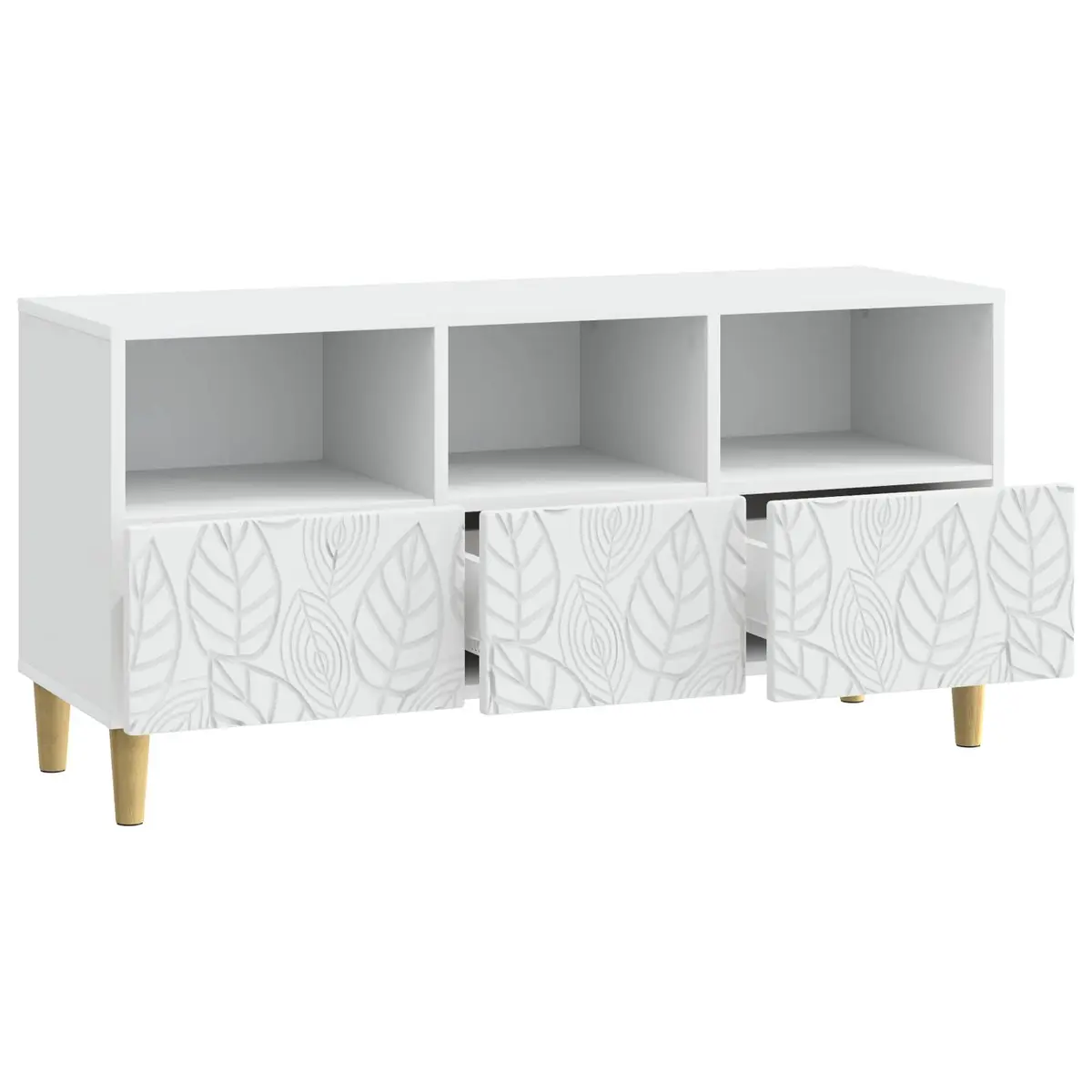 TV Cabinet White 102cm Modern Entertainment Unit with Open Layout and Eucalyptus Legs