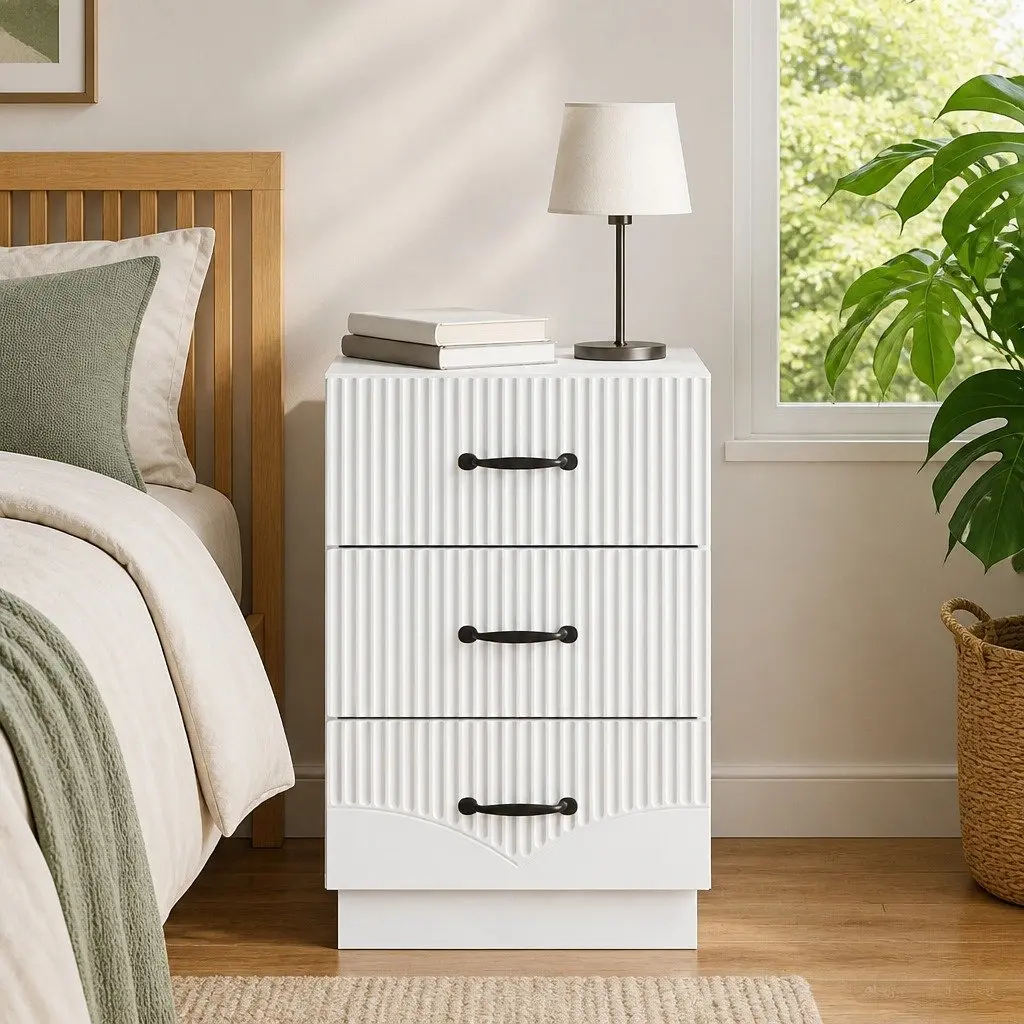 Bedside Table White Engineered Wood Vintage Style Deep Drawer Storage