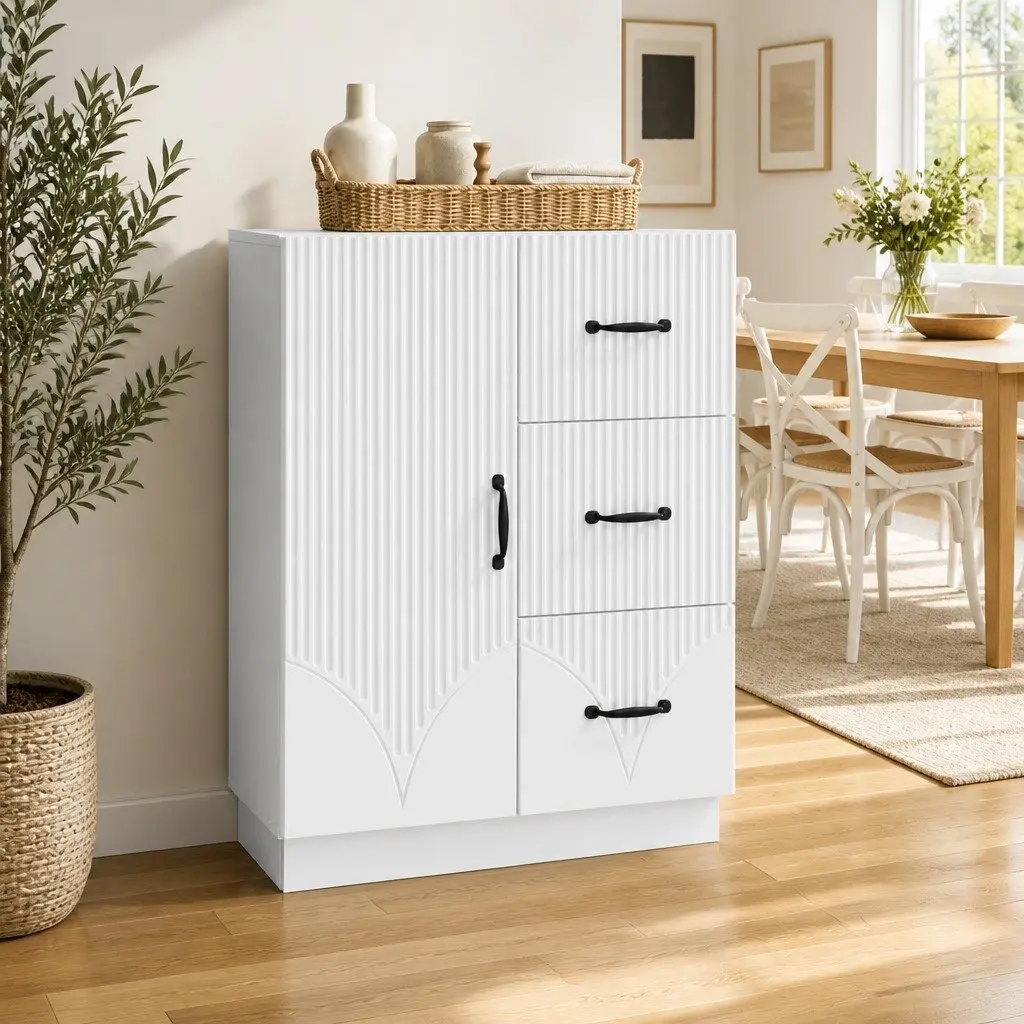Storage Sideboard White Engineered Wood 66 x 34.5 x 87 cm with Compartments and Drawers for Dining Room Living Room Entryway
