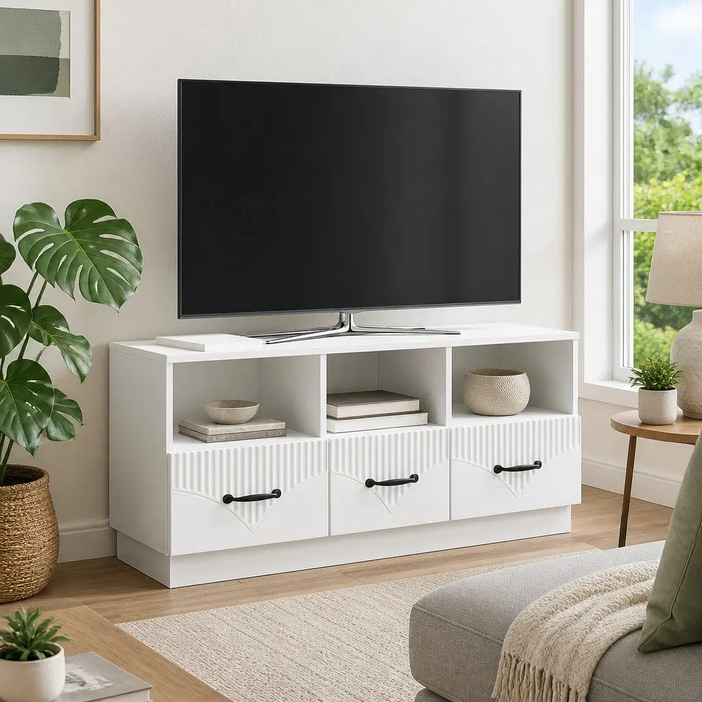TV Cabinet White Engineered Wood Storage Unit with Drawer Living Room
