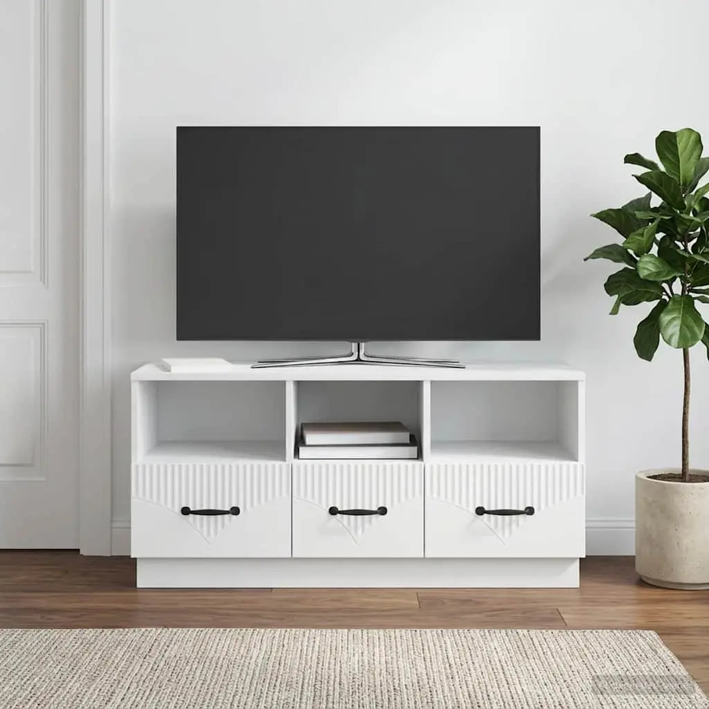 TV Cabinet White Engineered Wood Storage Unit with Drawer Living Room