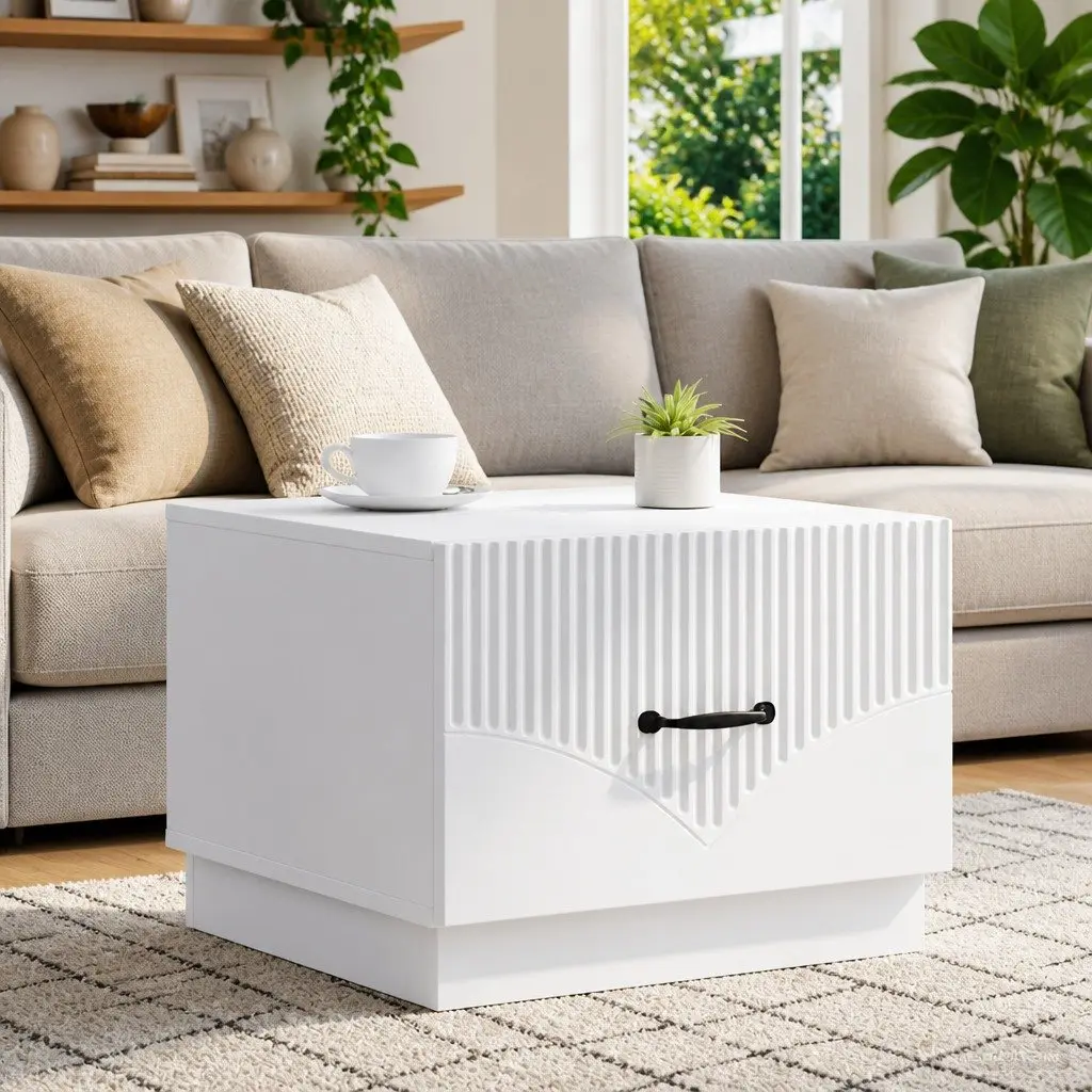 Coffee Table White 49x50x37cm Modern with Drawer Storage
