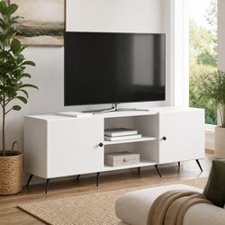 TV Cabinet White Vintage Lowboard Media Unit Storage Engineered Wood Metal Legs