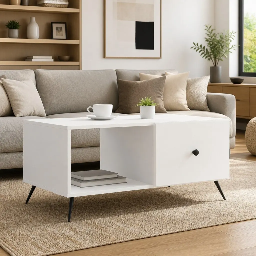 Rectangular Coffee Table White Engineered Wood Tapered Legs Living Room Storage