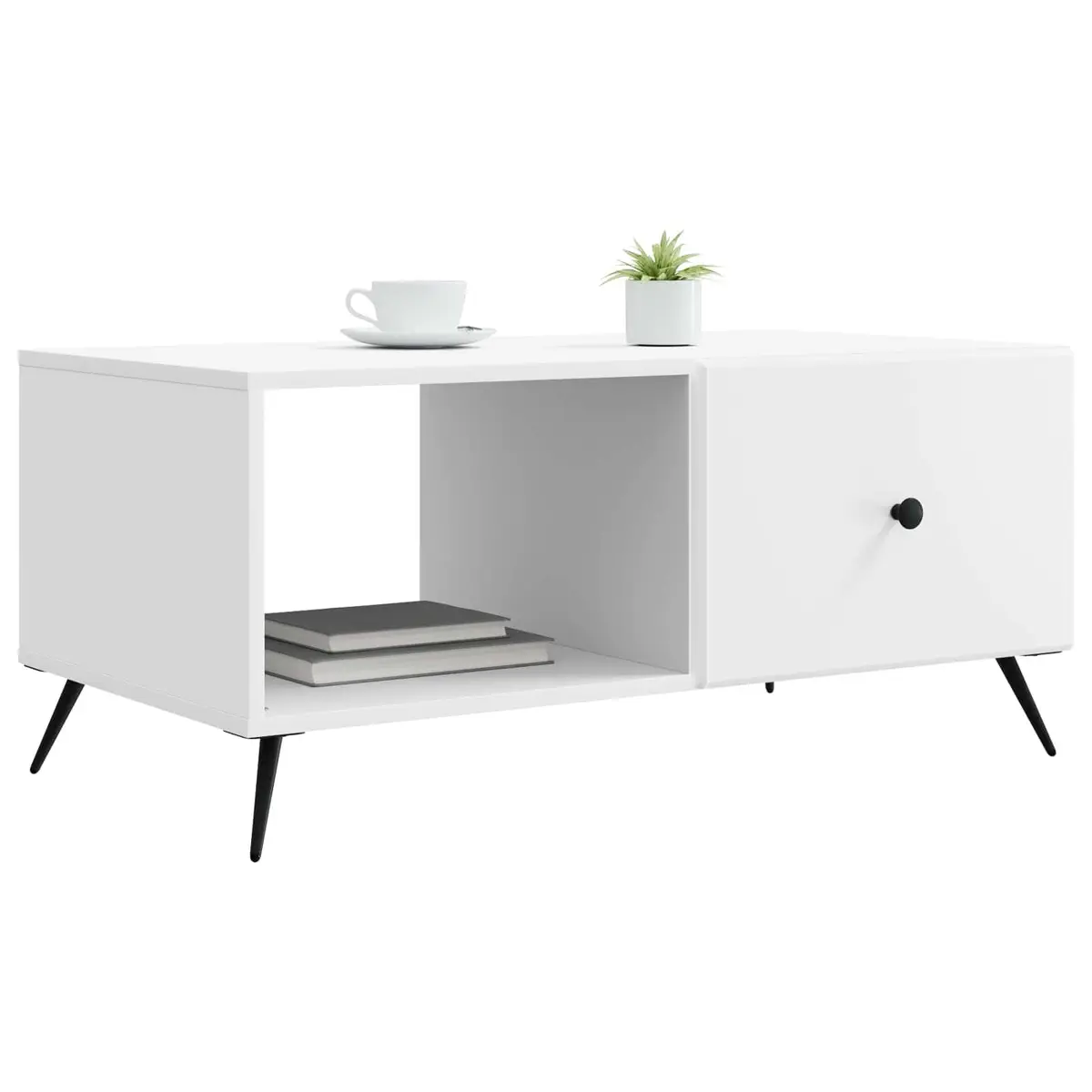 Rectangular Coffee Table White Engineered Wood Tapered Legs Living Room Storage