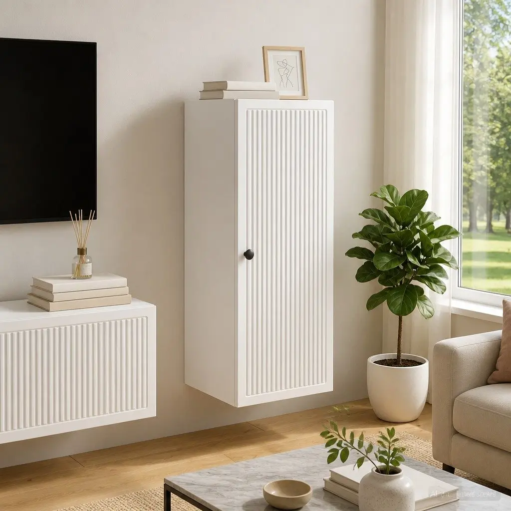 Wall-Mounted Storage Cabinet White Engineered Wood Locker Living Room Shelf Unit