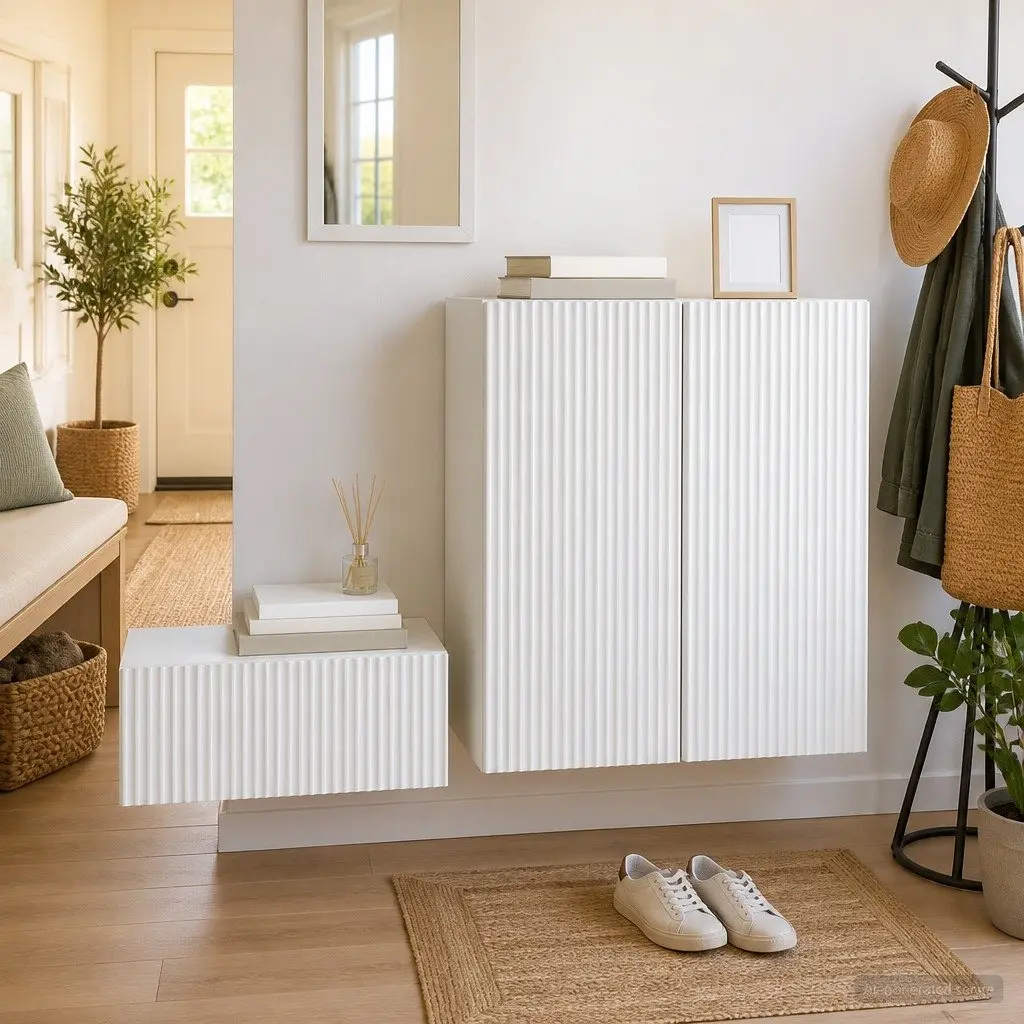 Wall-Mounted Storage Cabinet White 59x31x60cm Engineered Wood Organiser Shelf with USB-Powered LED Lights and Lockable Wheels