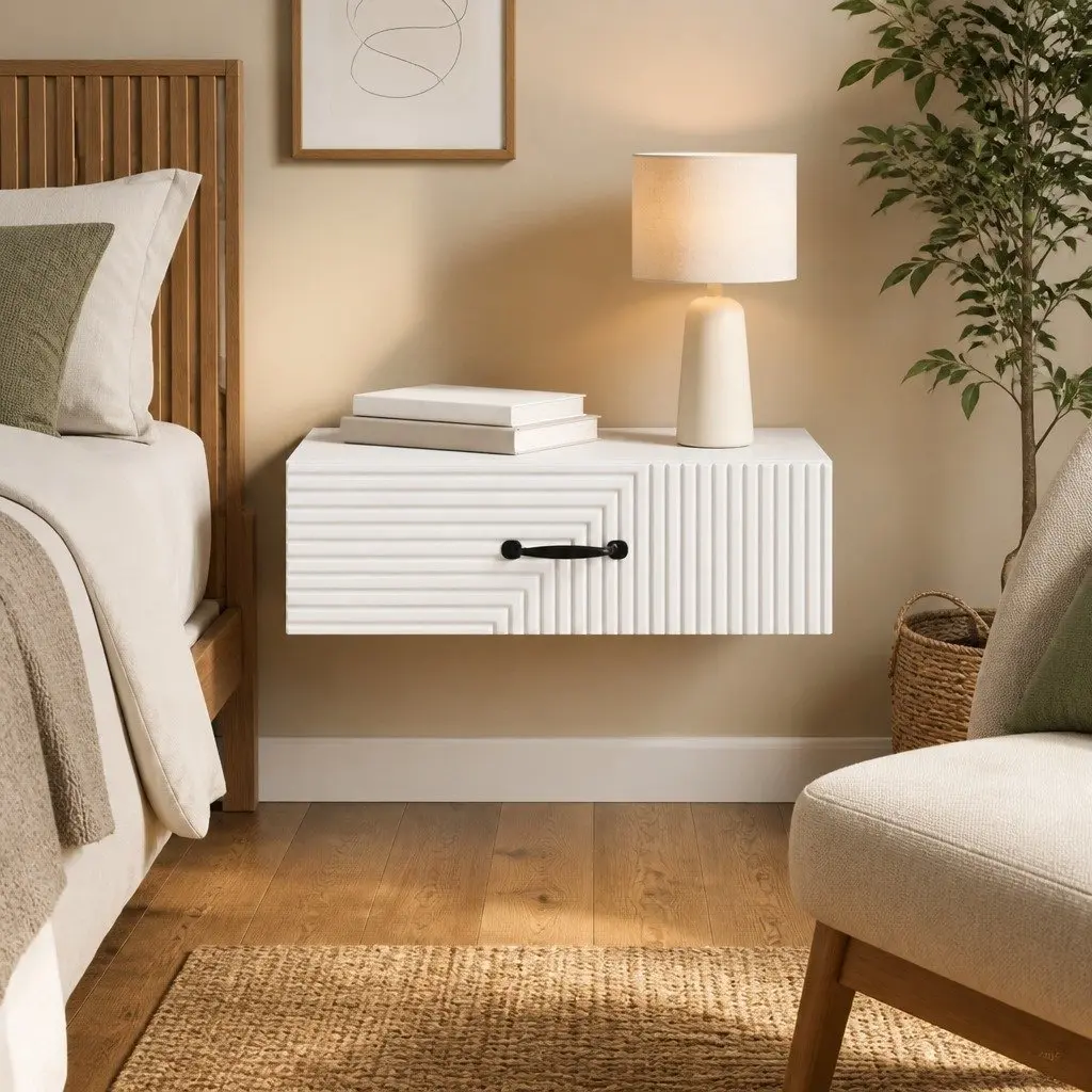 Wall-Mounted Side Table White Minimalist Rectangular Storage Drawer