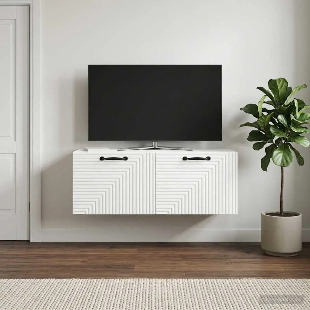 Wall-Mounted TV Cabinet White 78.5 x 31 x 30cm Modern Storage Unit with 90° Swing Doors