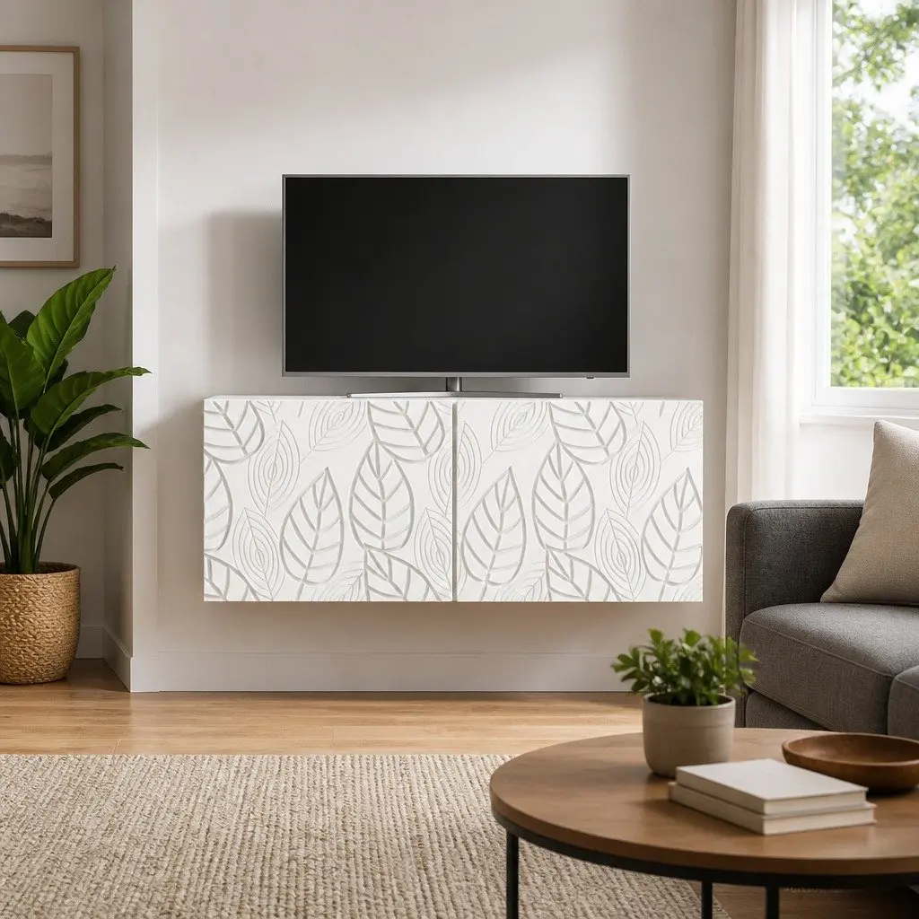 Wall-Mounted TV Cabinet White 98 x 31 cm Storage Unit with 90° Swing Hinge Doors for Living Room Entertainment