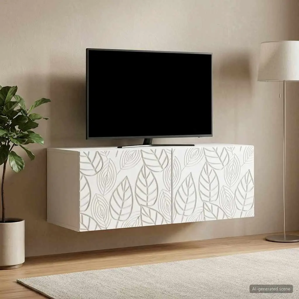 Wall-Mounted TV Cabinet White 98 x 31 cm Storage Unit with 90° Swing Hinge Doors for Living Room Entertainment