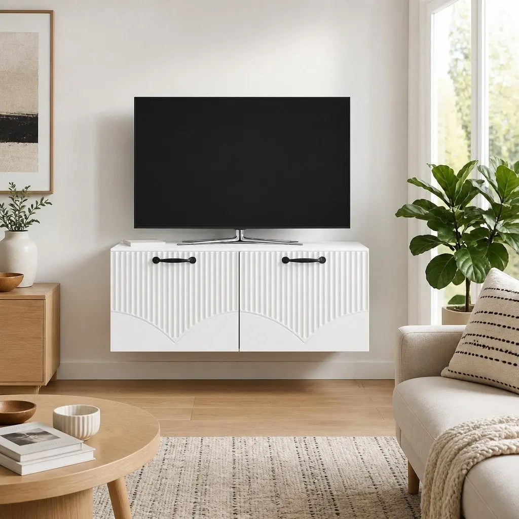 Wall-Mounted TV Cabinet White Modern Storage Unit Entertainment Media Display