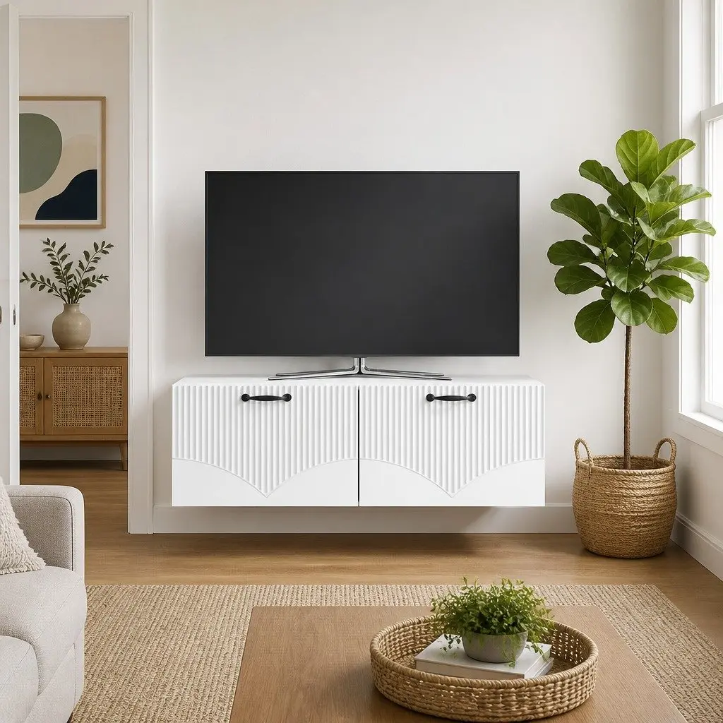 Wall-Mounted TV Cabinet White Modern Engineered Wood Storage Unit with 90° Swing Hinge Doors