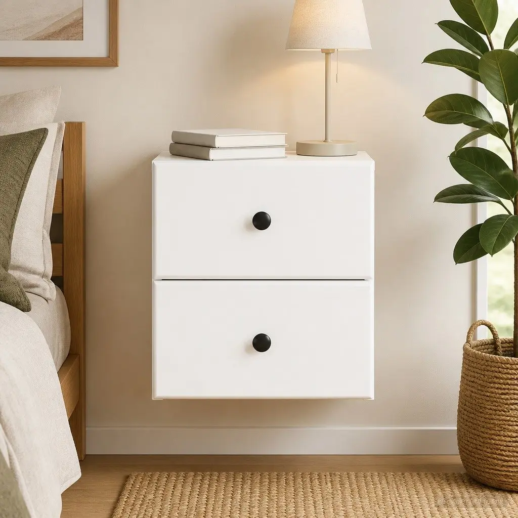 Wall-Mounted Bedside Cabinet White Compact Storage Drawer and Compartment