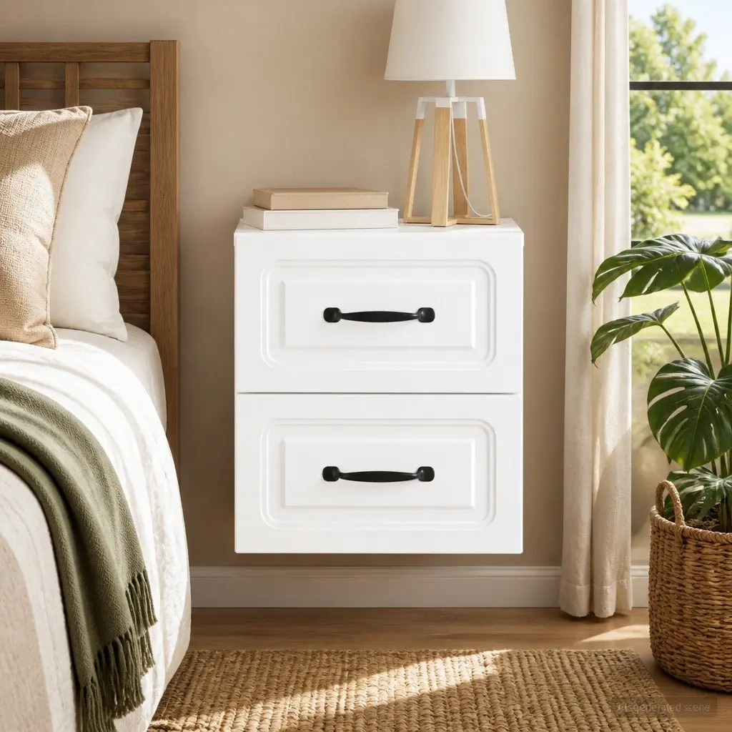 Wall-Mounted Bedside Cabinet White Storage Compartments Sliding Doors Modern