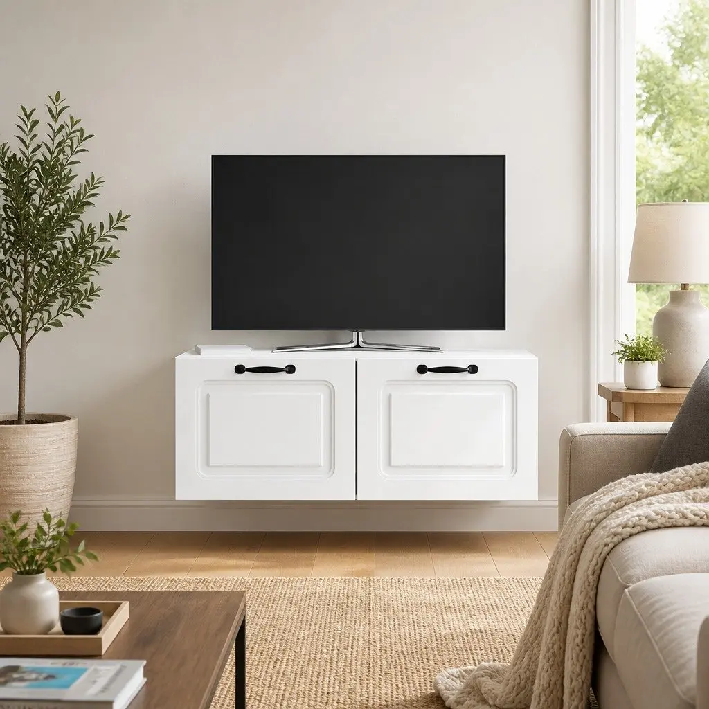 Wall-Mounted TV Cabinet Entertainment Unit Living Room Storage Shelves White