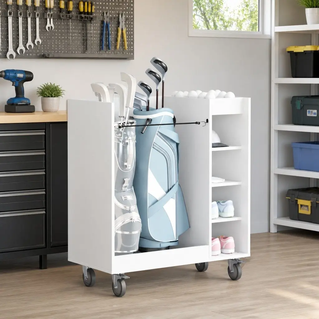 Golf Cabinet White Wooden Indoor Storage with Shelves and Wheels
