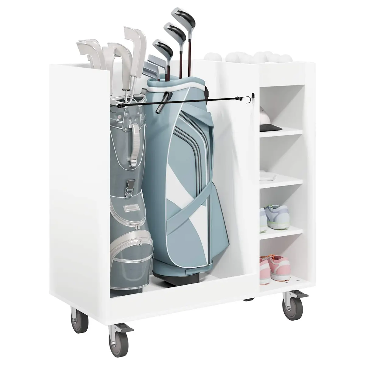 Golf Cabinet White Wooden Indoor Storage with Shelves and Wheels