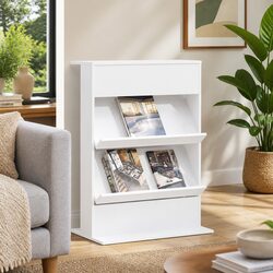 Compact White Magazine Rack with Shelf for Efficient Storage
