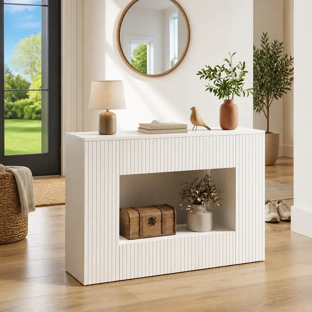Console Table White Striped Hallway Living Room Office Storage Shelves Drawers