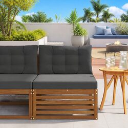 Outdoor Middle Sofa Solid Acacia Wood Brown Garden Patio Sectional Seating