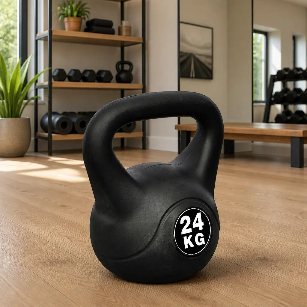 Vinyl Kettlebell Black 24 KG Compact Durable Construction for Home Gym Strength Training
