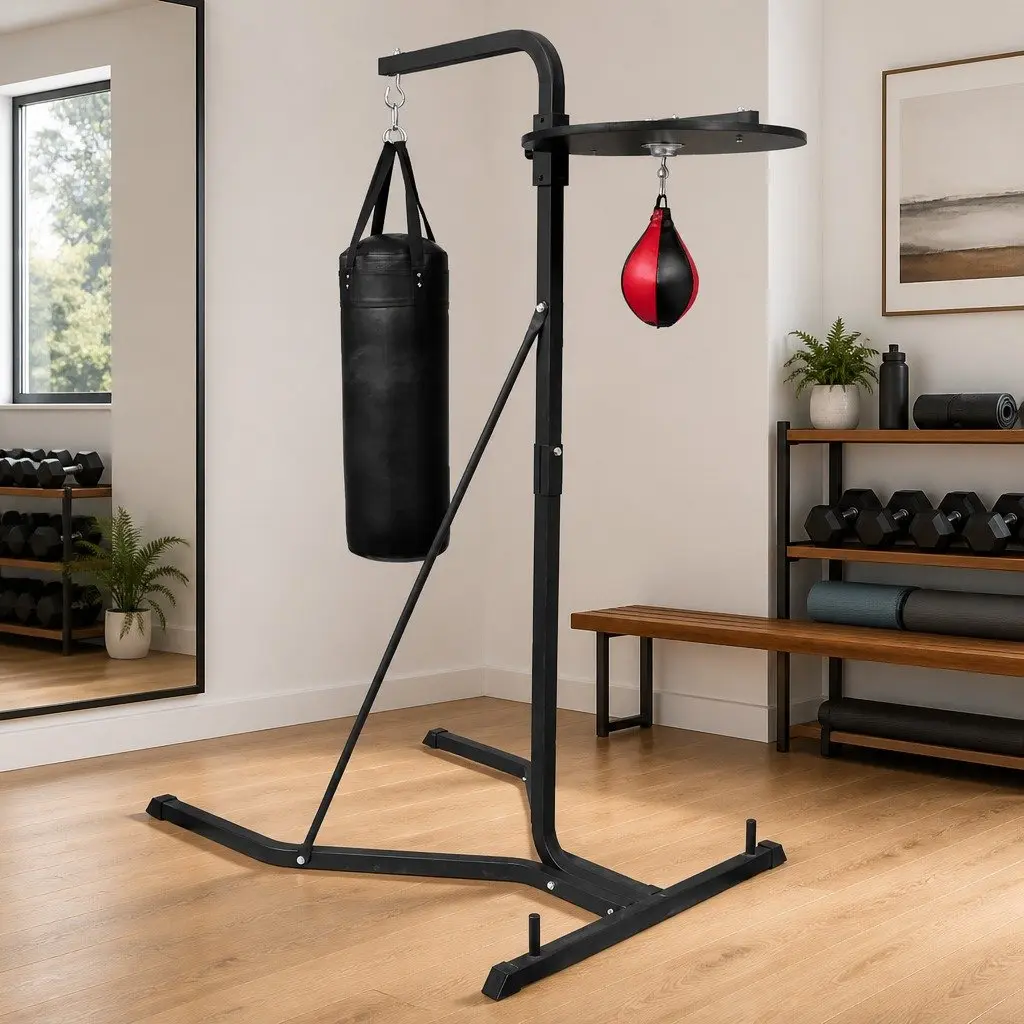 2 Way Boxing Stand Black Durable Metal and Wood Punching Bag Holder Speedball Platform