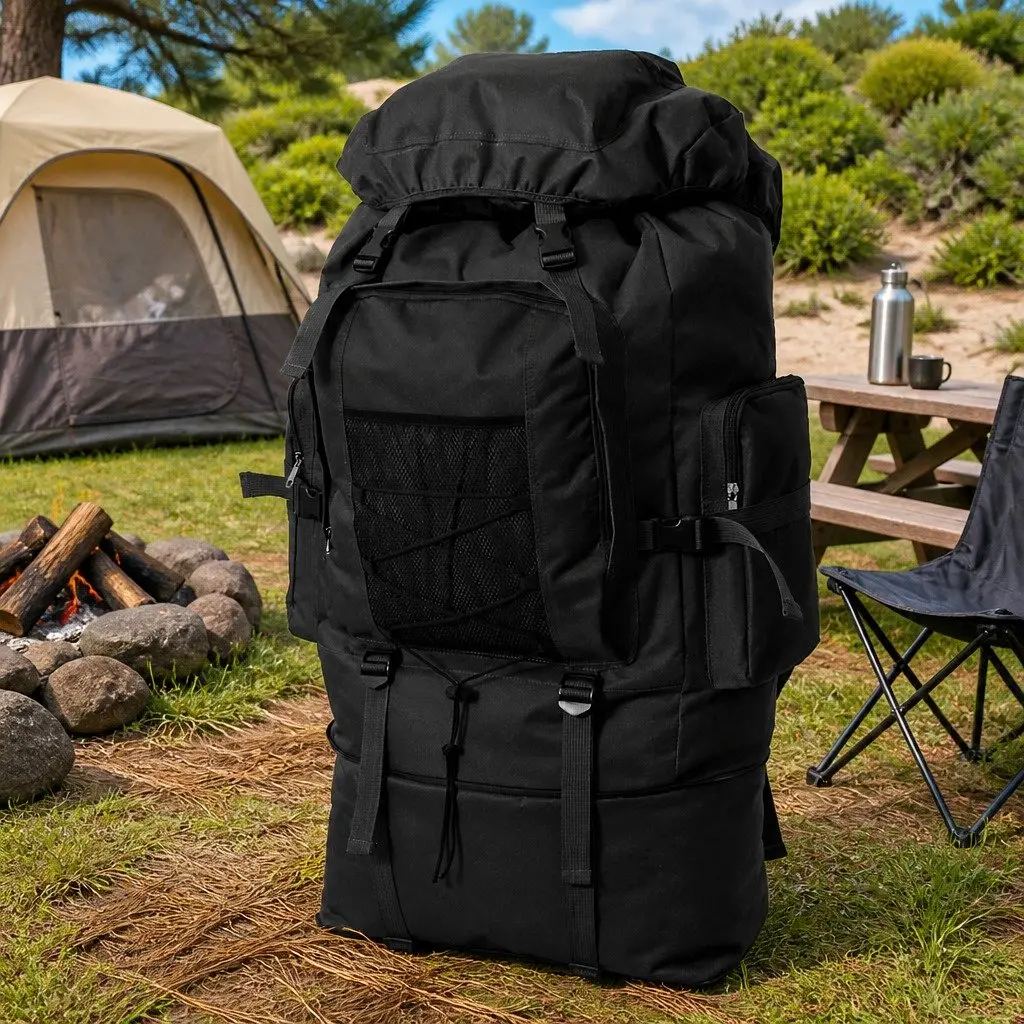 Army-Style Backpack Black XXL 100L Durable Outdoor Hiking Camping Travel Rucksack