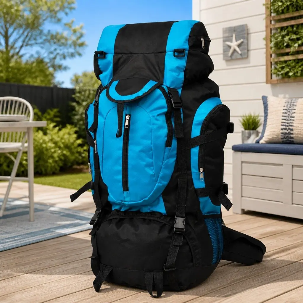 Hiking Backpack Blue 75L Large Capacity Durable Outdoor Travel Camping Rucksack