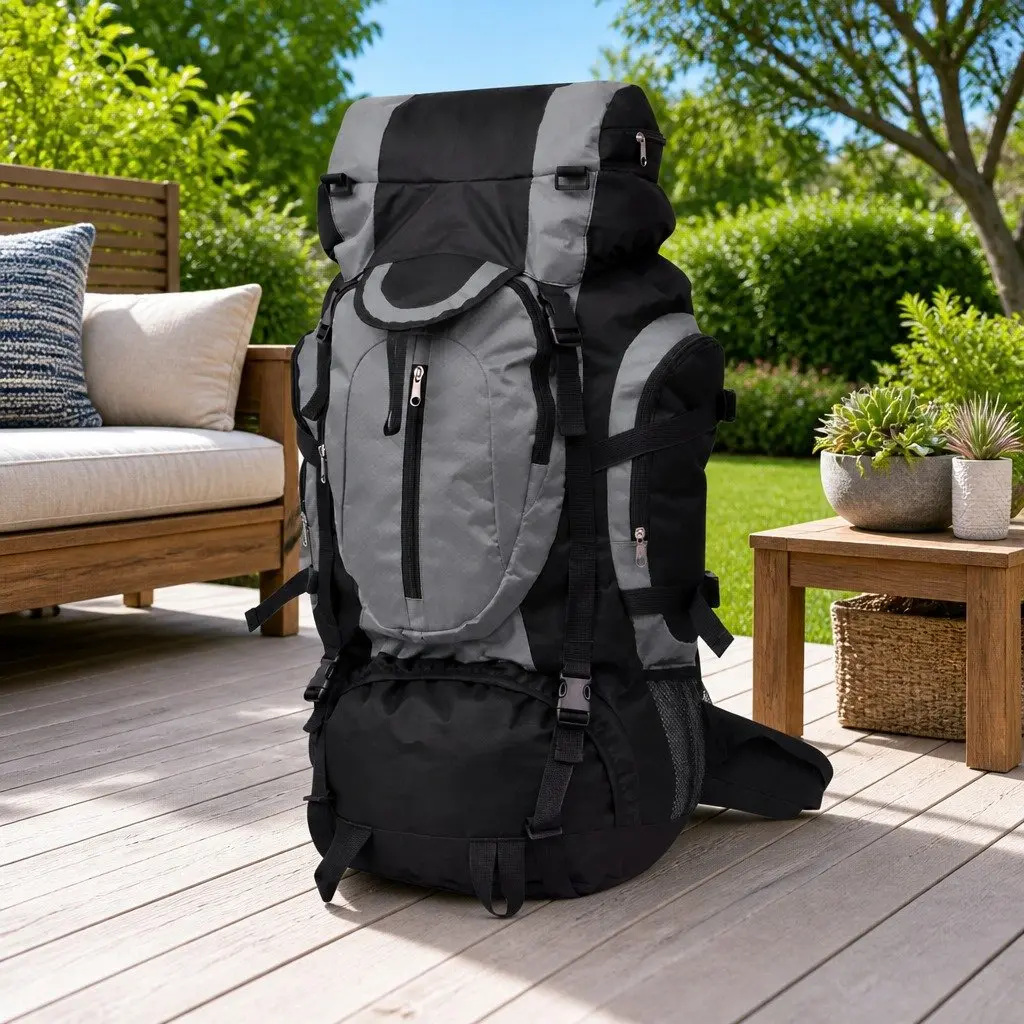 Hiking Backpack Grey 75L Large Capacity Outdoor Camping Trekking Rucksack