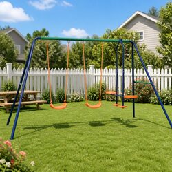 Swing Set with 4 Seats Outdoor Play Equipment Metal A-Frame Tandem Kids Garden