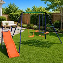 Compact Swing Set with Slide - Fun for 3 Children