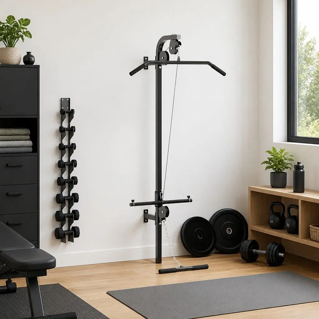 Wall-Mounted Home Gym Black Dual Pulleys Lat Pull-Down Bar Cable Pull-Up
