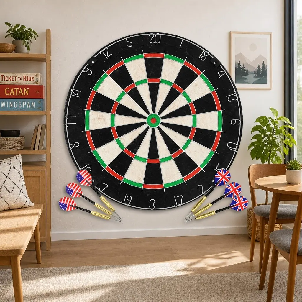 Sisal Dartboard Set with 6 Steel Tip Darts for Indoor Professional Throwing Game and Reduced Bounce-Outs