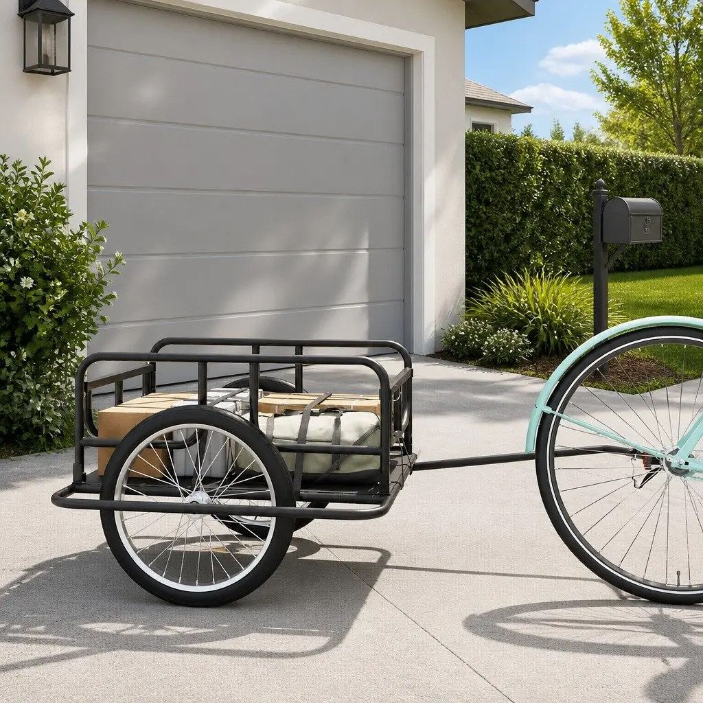Bike Trailer Black Steel Frame Two-Wheeled Cargo Hauler Foldable Quick-Release Hitch
