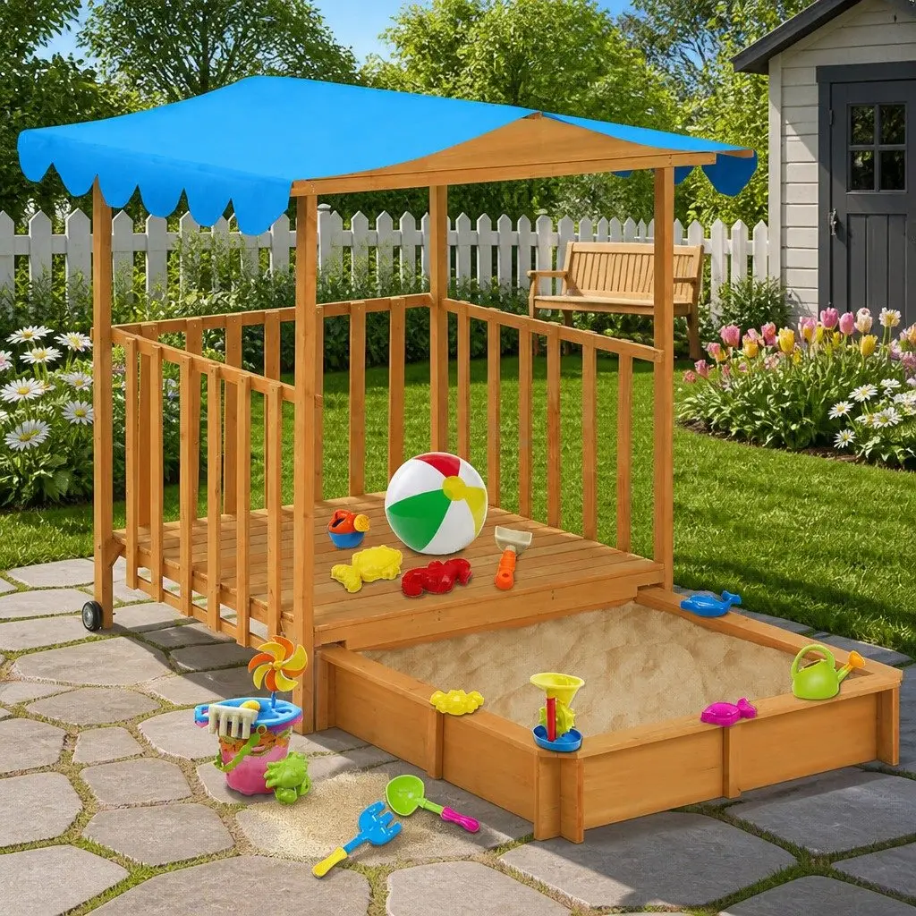 Kids Playhouse Blue Fir Wood Sandbox UV50 Protection