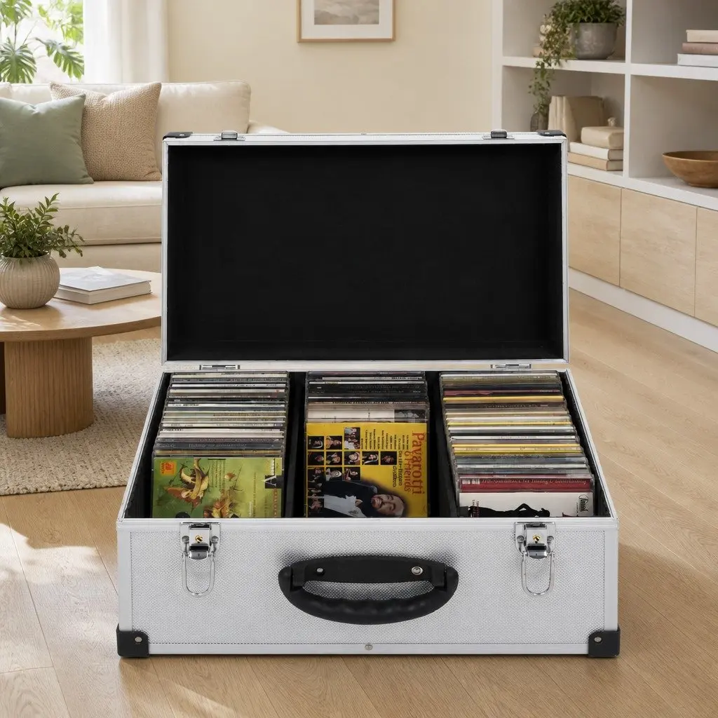 CD Case Silver 60 CD Capacity Wood with ABS Layer Aluminium Trimming Locking Mechanism