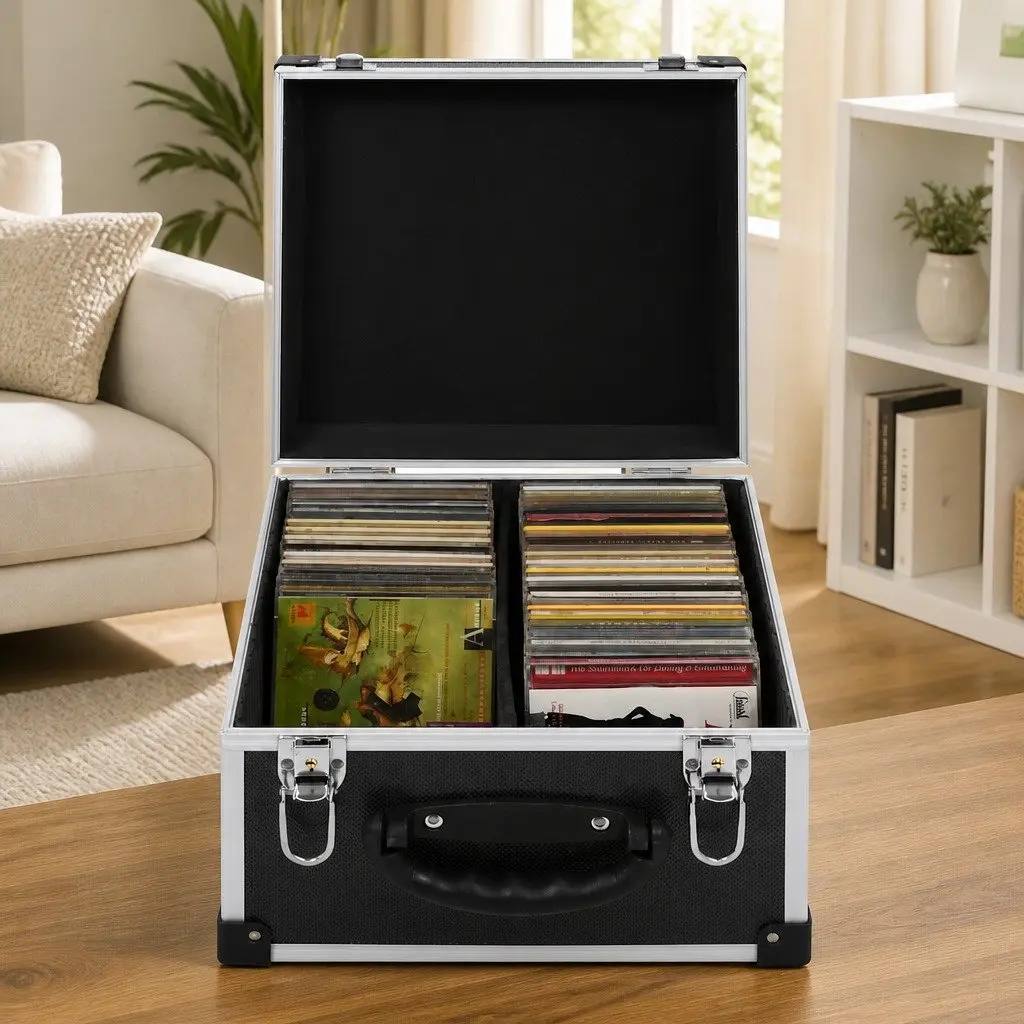 CD Case Black 40 CDs Storage Box Organiser Aluminium Trimming Locking Mechanism