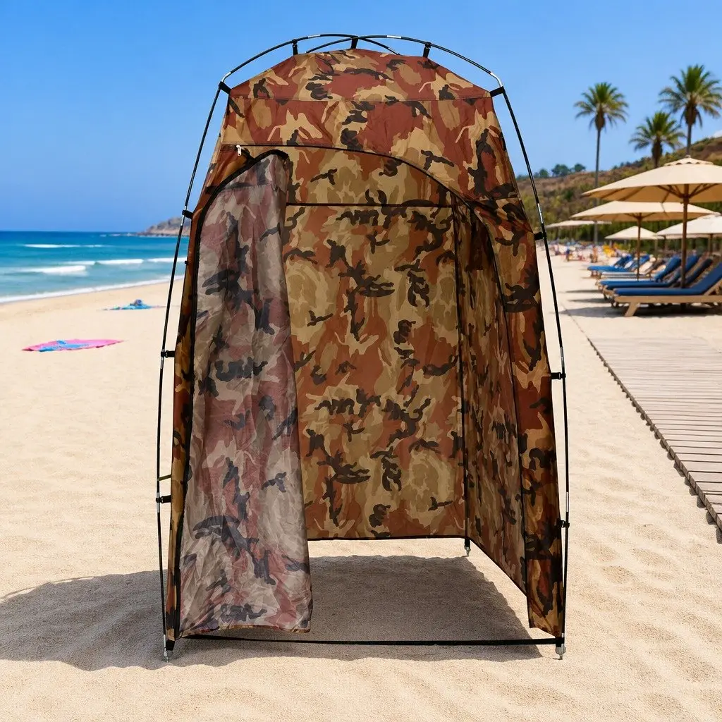 Portable Shower Privacy Tent Camouflage Fiberglass Poles Covered Roof Easy Access