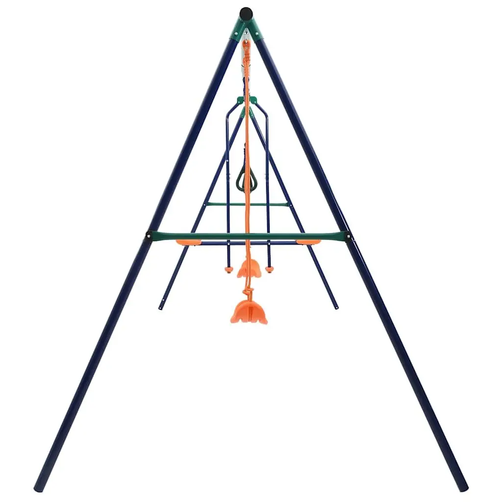 Swing Set Orange Steel A-Frame 4 Seats with Gymnastic Rings and See Saw Outdoor Play Equipment